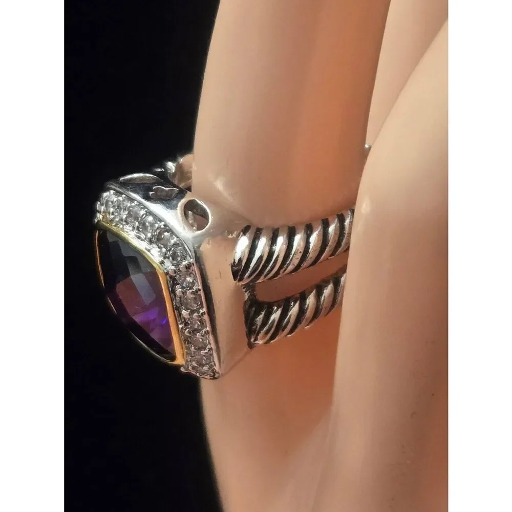 Women's Size 9 Purple Amethyst & White Crystal CZ Silver Tone Ring